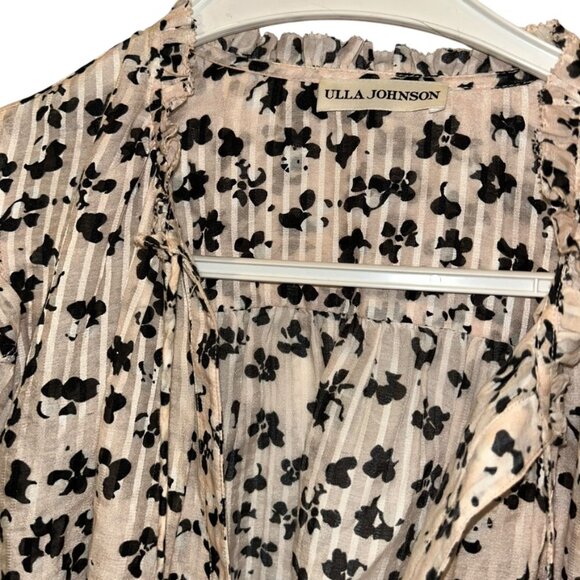 ulla johnson cream black floral print ruffle trimmed sleeves tunic top 6 - Picture 2 of 5
